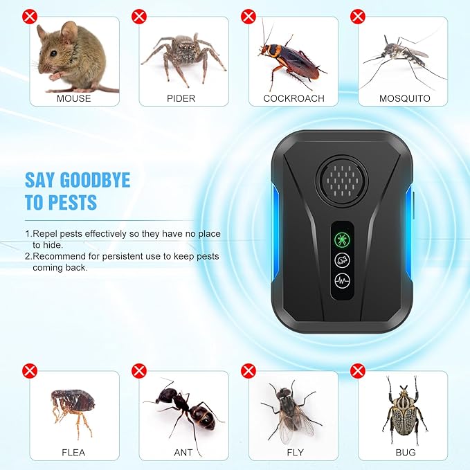 Upgraded Ultrasonic Repellent Plug in Indoor Pest Control Repellent for Mouse, Bugs, Spiders, Rodent, Roaches, Ant, Flea,Mosquito Repellent 3 Mode Switching, 6 Packs