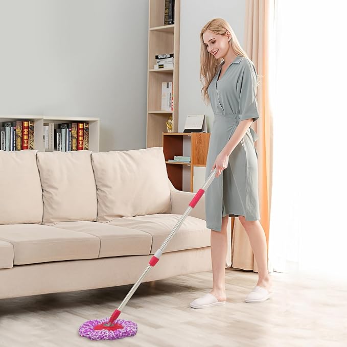 Spin Mop Replacement Handle, 47.6-inch 360 Degrees Rotating Telescopic Replacement Mop Stick with a Robust Stainless Steel Disc for Spin Mop Bucket Cleaning System (Stainless Steel Disc,Red)