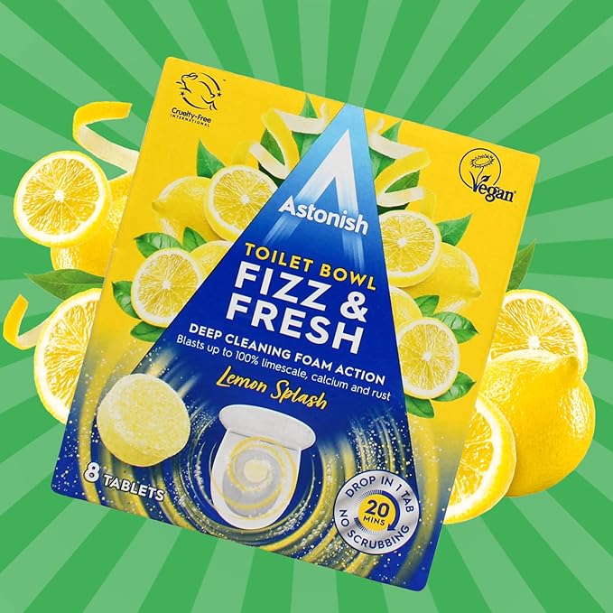 Astonish Foaming Lemon Splash Fizz & Fresh Bathroom Toilet Bowl Cleaner - Deep Cleaning Limescale, Calcium & Rust Stain Remover- No Spray Bottle Needed, Removes Hard to Reach Stains, 8 Tablets