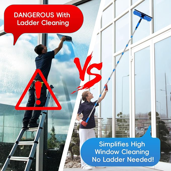Window Squeegee Cleaning Tool, 2 in 1 Telescopic Window Cleaner Rotatable Window Washing Equipment for High Window, Interior Roof, Car Glass, Home