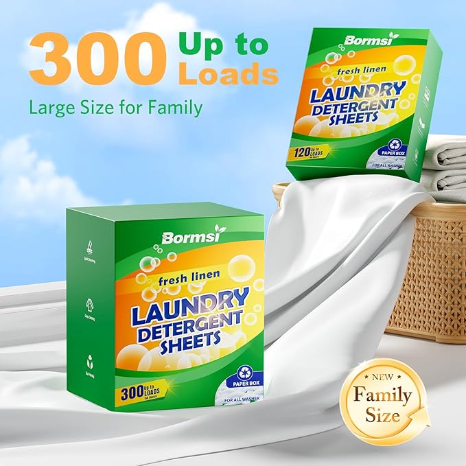 Laundry Detergent Sheets Fresh Scent 300 Loads No Plastic Jug, Home Laundry Sheets for Family150 Count