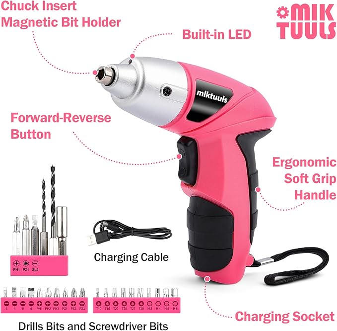 Electric Screwdriver Tool Set 112PCS, Home Tool Kit with 3.6V Small Power Cordless Screwdriver for Women, Pink