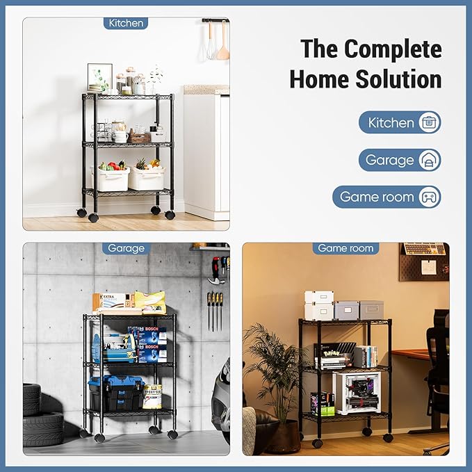 DUMOS Industrial 3 Level Grid Storage Rack ，Mobile Metallic Shelving System with Lockable Wheels， Multi-Purpose Cabinet for Workshop, Culinary Space, Storeroom, Washroom & Restroom Black