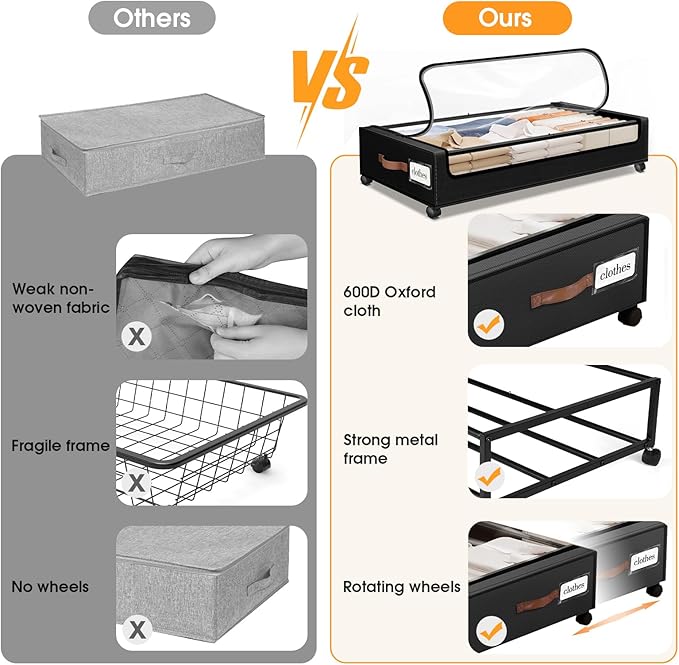 SpaceHacks Under Bed Storage with Wheels 3Pack Storage Containers with Clear Window&Label Under Bed Drawers Rolling Under Bed Storage for Clothes,Shoes, Blankets (30.71 x 16.93 x 6.69 in, Black)