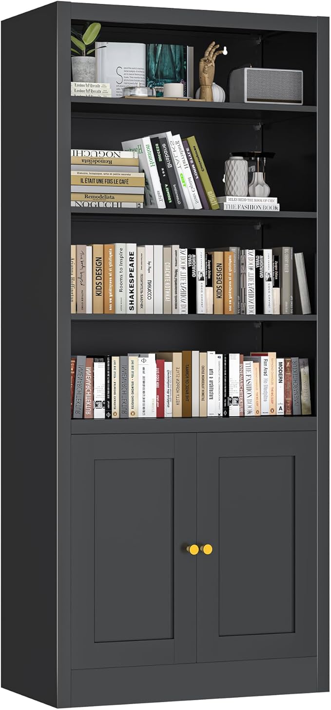 Bookshelf with Doors and Adjustable Shelves, 55" Tall Metal 5-Tier Bookcase, Freestanding Bookshelf for Living Room, Home Office, Kitchen Pantry Organizer Rack (Black)