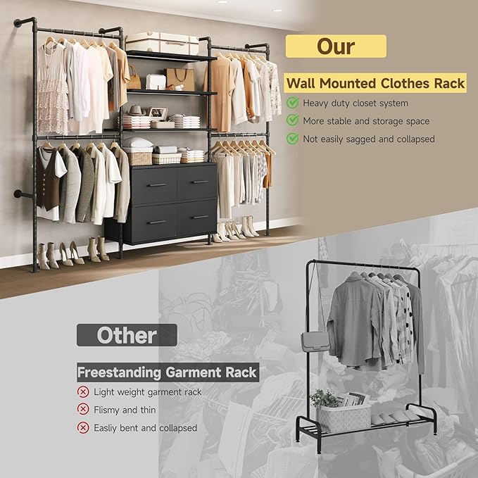 T3 Closet System with Stepless Dimmable LED Light, Industrial Pipe Clothing Rack with 4 Drawers, 6 Wooden Shelves & 4 Telescopic Rods, Heavy Duty Closet Organizers in Wardrobe Closet (Black)