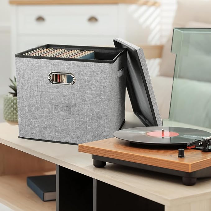 Vinyl Record Storage Box Hold 100+ Lp Albums Foldable Storage Bin with Lid Record Holder for Albums, CDs, DVDs (Grey, Large-2pcs)