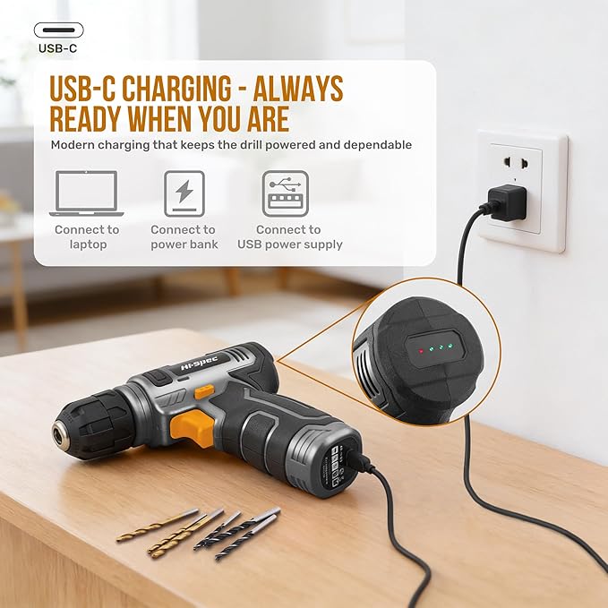 Hi-Spec Tool Kit with 8V Cordless Drill Set. Complete DIY Tool Set for Essential Everyday Home Repair & Maintenance. USB Rechargeable Electric Drill in a Compact Toolbox Case.