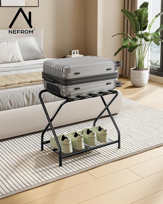 Set of 2 Foldable Black Luggage Rack Stands with Storage Shelves – Heavy Duty Metal Holders, 150 lbs Top, 50 lbs Bottom Each, Fits 20”-28” Luggage – Guest Room, Bedroom, Hotel LR-BK-2