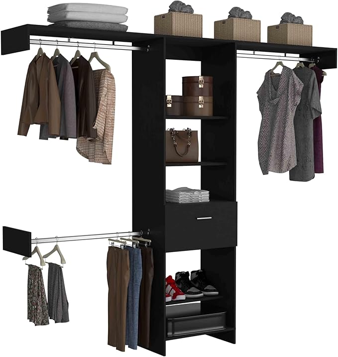 Black Storage Rack One Drawer Three Metal Rods Five Open Shelves for Home Organization