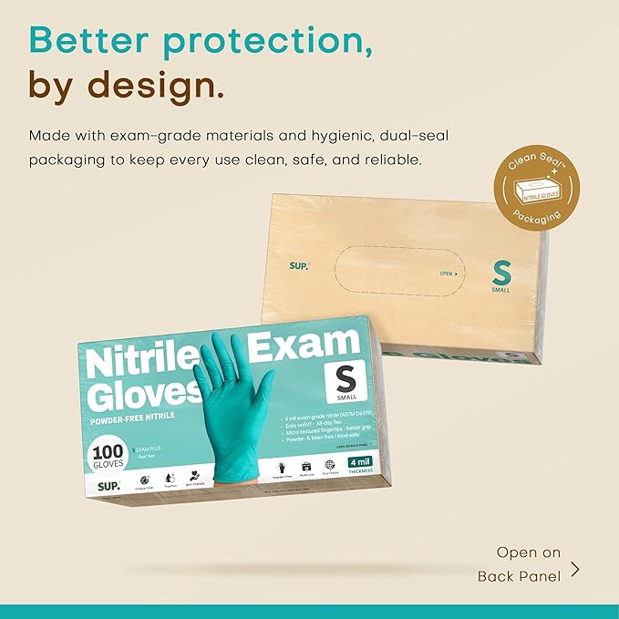 SUP Powder-Free Nitrile Gloves, 100 Count Food Safe Latex-Free Disposable Gloves for Medical Cooking Cleaning Food Prep, Teal