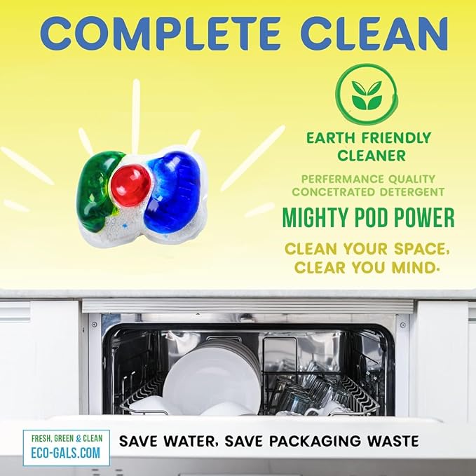 Eco-Gals Eco-Shines Dishwasher Detergent Pods With 3 in 1 Power of Liquid, Powder, and Gel for Brighter Cleaner Dishes