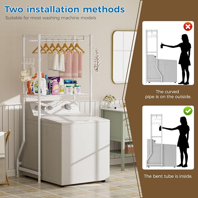 Golpart Over Washer and Dryer Shelves,2 Tier Adjustable Height Wire Shelving Laundry Room Storage Organization Clothes Drying Rack with Hanger Rod&Hooks,Space Saving Organizers Shelf,White