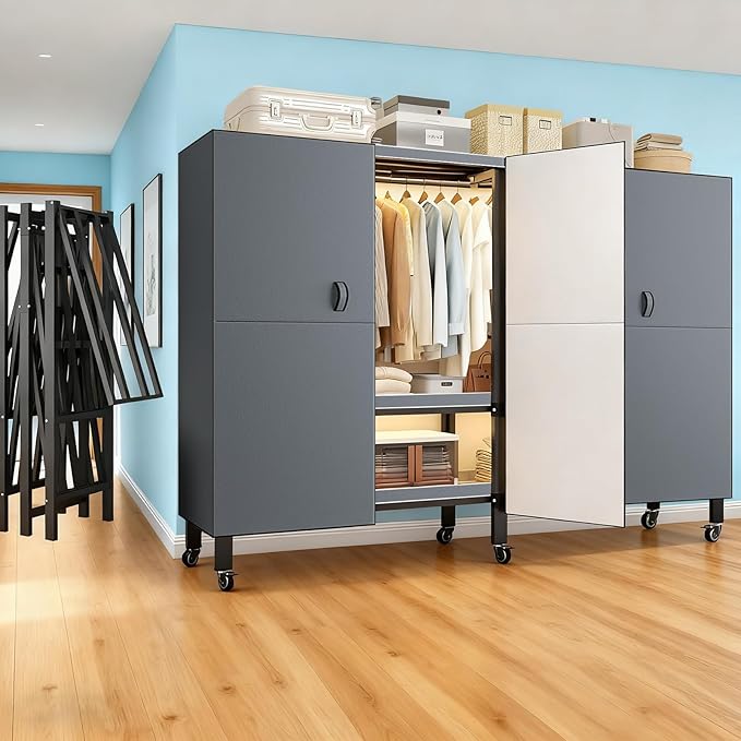 Foldable Portable Armoire Wardrobe Closet for Hanging Clothes Rack, Heavy Duty Covered Clothes Rack with Cover(HARDBOARD Magnetic), Closet Garment Rack for Bedroom Storage (KT-Grey, 70.86in)
