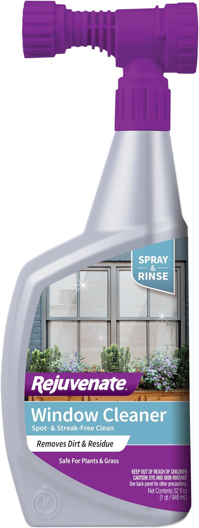 Rejuvenate High Performance Outdoor Window Spray and Rinse Cleaner with Hose End Adapter Instantly Removes Grime and Dirt Streak-Free Shine (32 oz)
