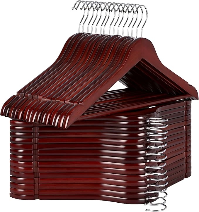 StorageWorks Wooden Hangers 30 Pack, Wood Coat Hangers for Closet, Heavy Duty Clothes Hangers for Suits, Shirts, Pants, Jackets, Dark Cherry Color