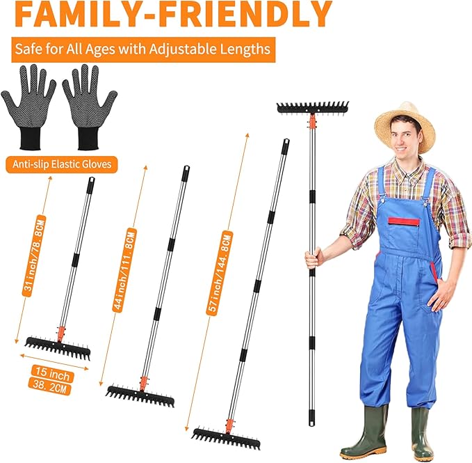 2-in-1 Thatch Rake with Dual Different Tines - Dethatcher Rake for Lawns, Versatile Lawn Rake for Thatch Removal and Soil Care, Heavy Duty Garden Rake Includes Reusable Waste Bag & Gloves