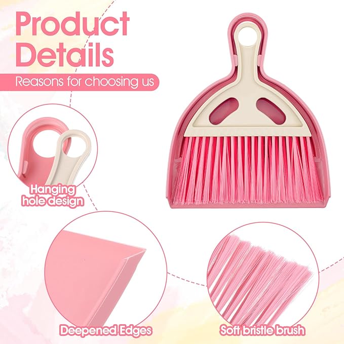 9 Pcs Small Dustpan and Brush Set Mini Broom and Dustpan Set with Handle Nesting Portable Cleaning Tools for Home Office Car Keyboard Countertop and Pet Nest (Blue Red Green)