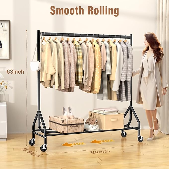 EAGMAK Heavy Duty Clothes Rack Load 420 LBS, Rolling Garment Rack with Lockable Wheels, Standing Metal Clothing Rack, Portable Wardrobe Sturdy Coat Rack for Hanging Clothes (Black, 59″×18.9″×63″)