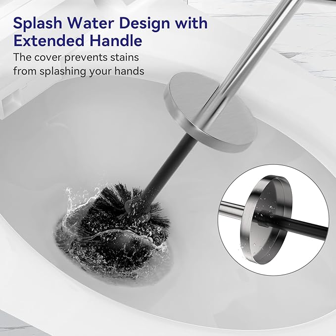 DOWRY Stainless Steel Toilet Bowl Brush and Holder for Bathroom, Deep Cleaning Toilet Brush and Holder Set with Long Handle, Hidden Toilet Bowl Brush with 2 Heads,Modern Decor Nickel Brushed Round