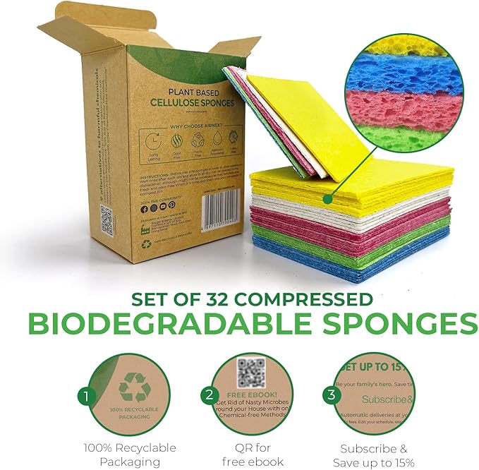 Compressed Cellulose Sponges - 32 Pack Natural Pop Up Dish Sponge for Kitchen - Compostable Plant-Based Cleaning Sponges Bulk – Non Scratch Natural Sponge for Dishes & Household Cleaning