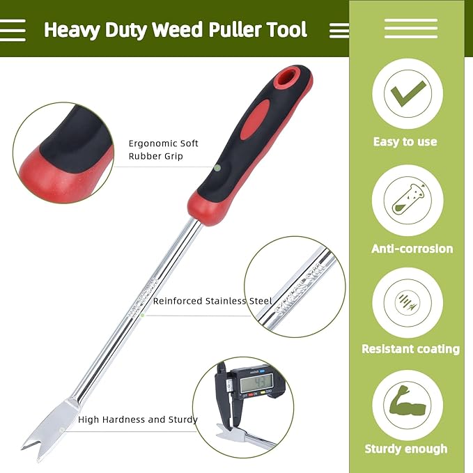 Weed Puller Tool, Dandelion Weeder Puller Tool with Soft Handle, Two-Pronged Fork Weed Remover Tool for Easy Weed Removal, Stainless Steel Garden Weeder Tool for Lawn Farmland Gardening Tools