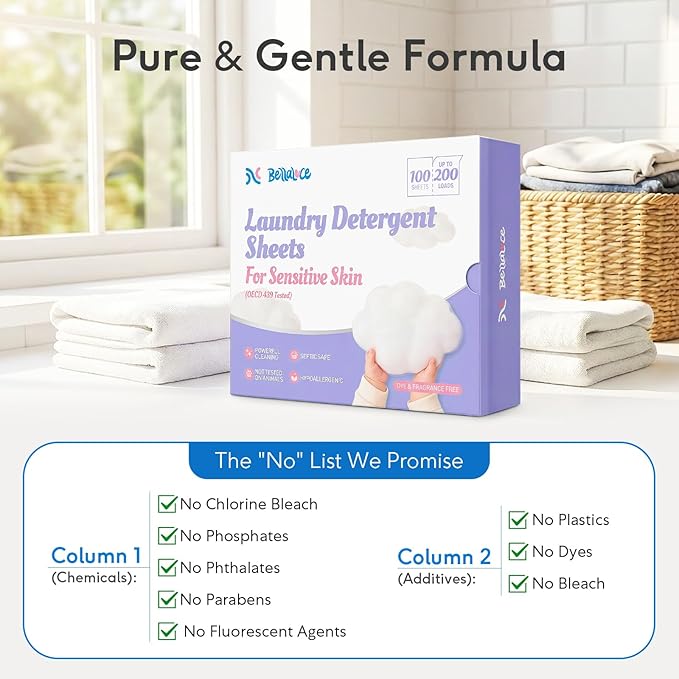 BellaLuce Sensitive Skin Laundry Detergent Sheets, 200 Loads (100 Count) - Hypoallergenic & Fragrance Free Washing Strips, Gentle for Baby, Travel & Dorm Essentials