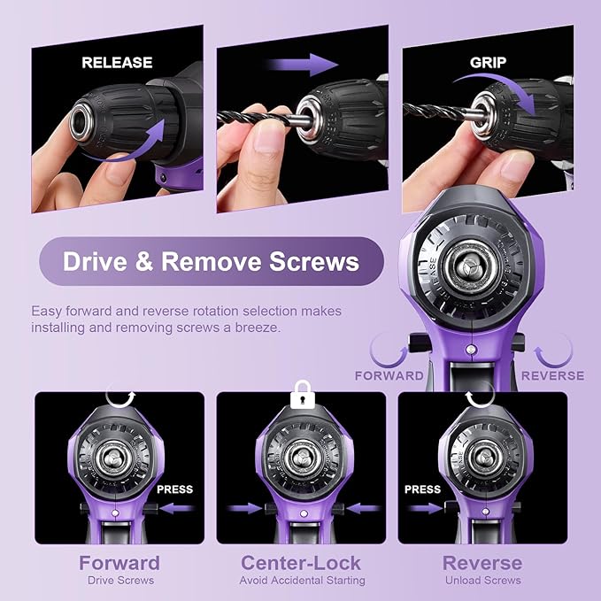 Tool Kit: 139 PCS Cordless Drill Set with Li-Ion Battery, 8V Power Drill with Type-C Charging, Portable Basic Home Tool Set for DIY Projects (Purple-A)
