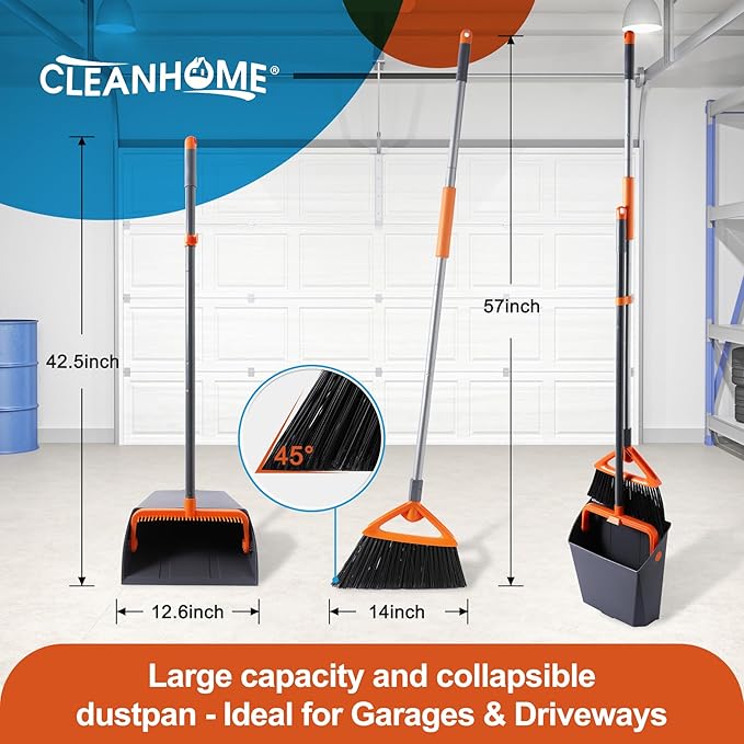 Heavy Duty Outdoor Broom and Dustpan Set with Long Handle, Standing Dustpan & Split-End Bristles for Patio, Garage, Deck, Leaves Debris Cleaning