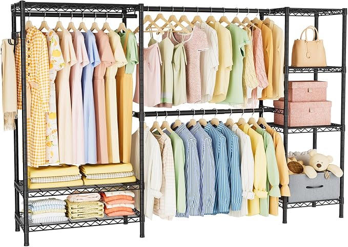 Golpart Coat Rack Clothes Wardrobe：Closet Organizer and Storage Clothing Garment Rack with Shelves Heavy Duty for Hanging Clothes Portable Adjustable Black 15.8" Dx(70-88.5)" Wx76.5 H