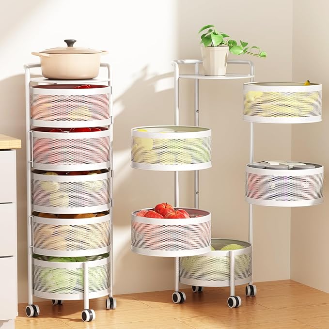 JAQ 5-Tier No Assembly White Rotating Storage Rack, Large Capacity Utility Cart for Kitchen Bathroom Nursery, Heavy Duty Fruit Vegetable Stand, White