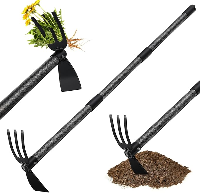Lilyvane Hoe Garden Tool,45 Inch Long Garden Hoe and Cultivator, Garden Hand Tiller with Long Handle,Heavy Duty Garden Tools Hoe Cultivator for Gardening,Weeding, Tilling,Lossening Soil,Planting