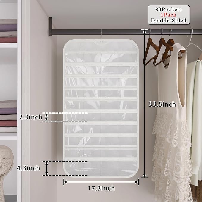 1 Pack Hanging Jewelry Organizer 80-Pocket Dual-sided Jewelry Storage for Earring Necklace Bracelet Ring Travel Holder, White