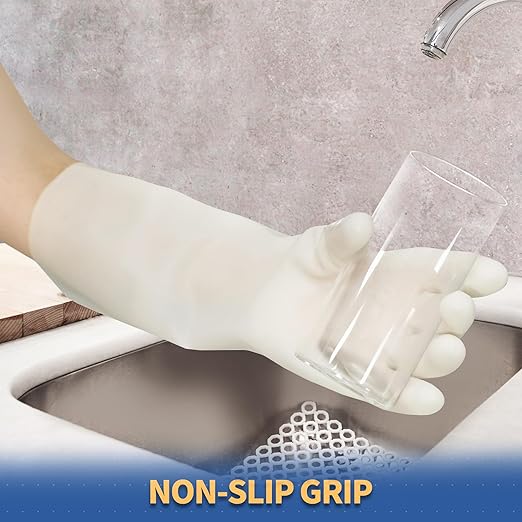 BOOMJOY Nitrile Cleaning Gloves, Long Cuff Dishwashing Gloves Heavy Duty, Reusable Medium Gloves for Kitchen, Bathroom, Gardening, Working, Pet Care - White, 3 Pairs, Size M