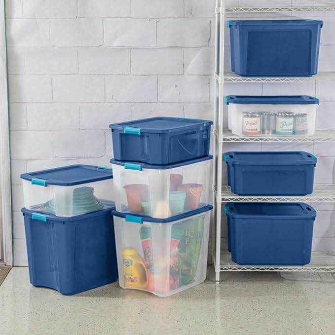 Sterilite 18 Gal Latch and Carry, Stackable Storage Bin with Latching Lid, Plastic Container to Organize Closets, Clear with Blue Lid, 18-Pack