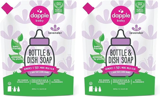 Dapple Baby Bottle Soap, Hypoallergenic Dish Soap for Baby Bottles, Powered by Plants, Lavender, 34 Fl Oz Refill (Pack of 2)