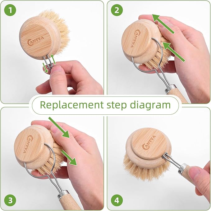 Bamboo Dish Brush - Bamboo Dish Scrubber, Eco-Friendly and Biodegradable, Vegetable Brush Suitable for Cookware, Bowls and Plates, Non-Stick Pans(Soft Bristle)
