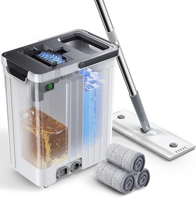 Mop and Bucket Set | Auto-Spray Cleaning | Dirty Water Separation Keep Water Fresh | Flat Mop & Bucket with Scraper | 3X Washable Pads | Mops for Floor Cleaning All Floors Tile Wall Window