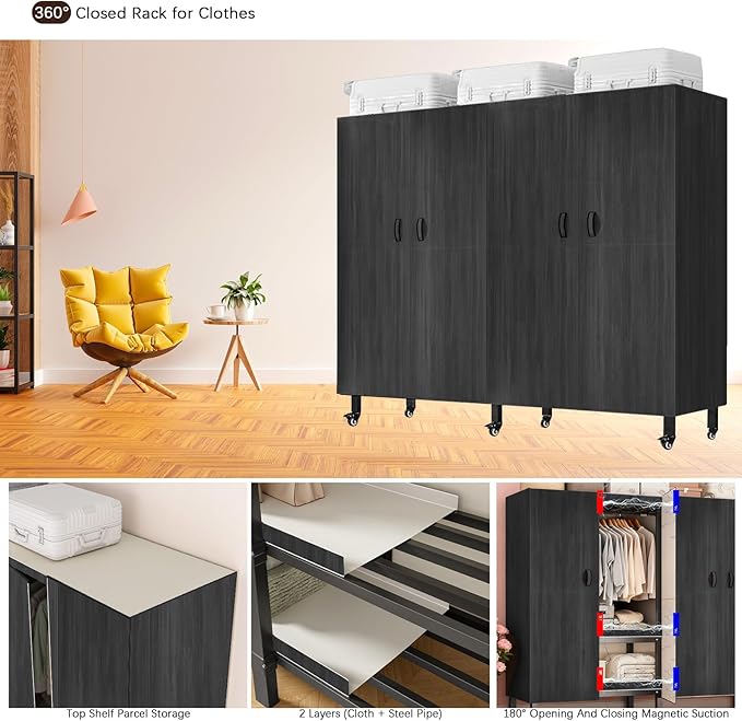 Foldable Portable Armoire Wardrobe Closet for Hanging Clothes Rack, Heavy Duty Covered Clothes Rack with Cover(HARDBOARD Magnetic), Closet Garment Rack for Bedroom Storage (KT Black, 74.8in)