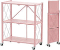 BRIAN & DANY 3-Tier Foldable Storage Shelves with Wheels, No Assembly Folding Shelf Metal Rack, Shelving Unit for Kitchen, Garage, Pink