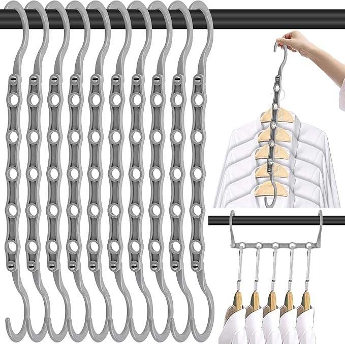DUCOO Space Saving Hangers 10 Pack, Heavy Duty Magic Cascading Hanger Organizer with 5 Enclosed Anti-Slip Holes, Closet Organizers and Storage for Clothes, College Dorm Room Essentials, Gray