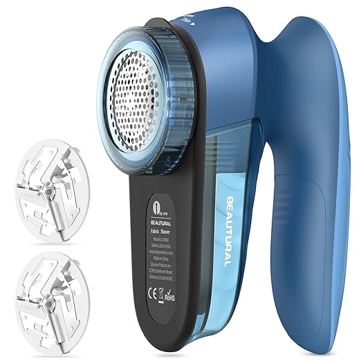 BEAUTURAL Fabric Shaver and Lint Remover, Sweater Defuzzer with 2-Speeds, 2 Replaceable Stainless Steel Blades, Battery Operated, Remove Clothes Fuzz, Lint Balls, Pills, Bobbles