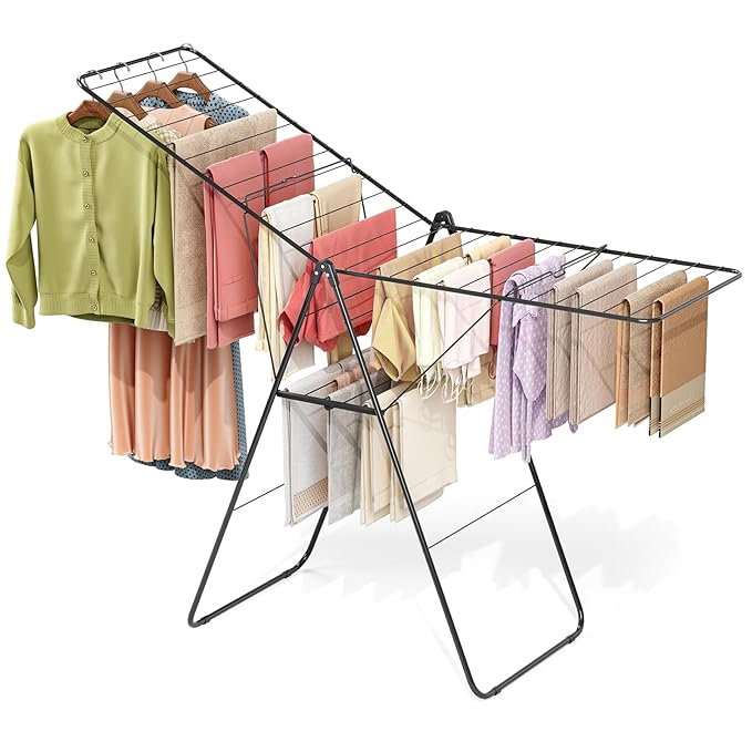 APEXCHASER Clothes Drying Rack, Foldable Oversized Drying Rack Clothing with U-Shaped Foot Cover, Height-Adjustable, Multi-Bar Laundry Rack, Indoor Outdoor Use, 20.47" D x 70" W x 42.52" H, Jet Black