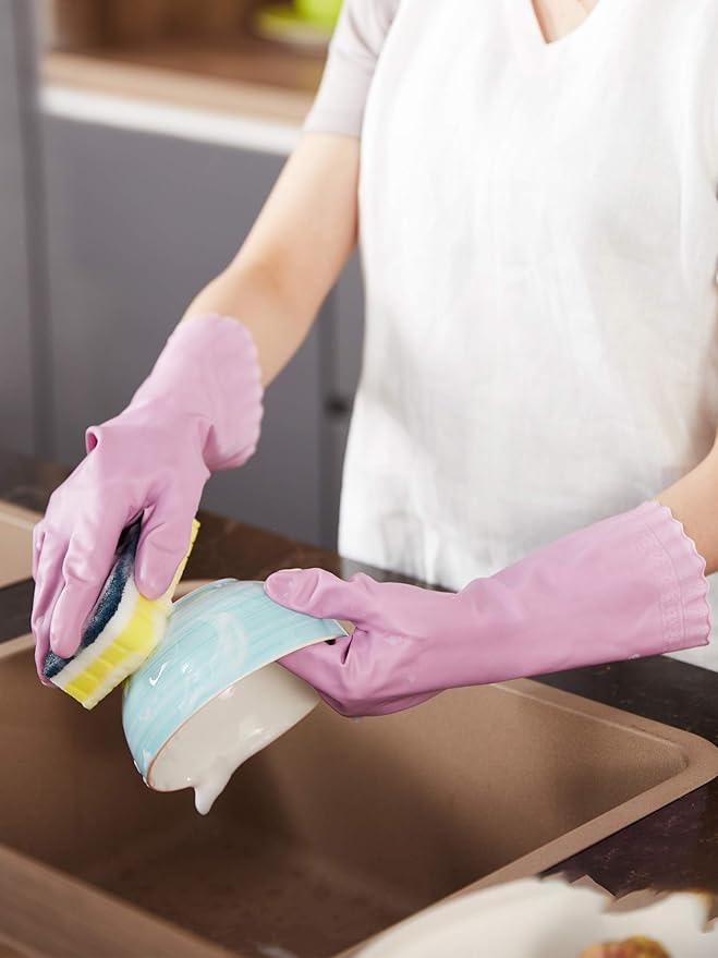 LANON wahoo Skin-Friendly Cleaning Gloves, Dishwashing Kitchen Gloves with Cotton Flocked Liner, Reusable, Non-Slip, Mauve Mist, Large