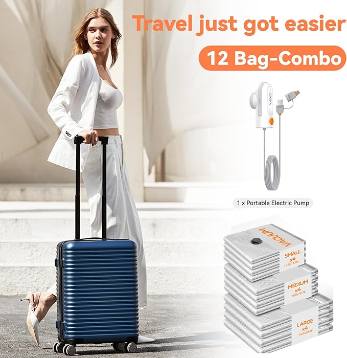 12 Pack Vacuum Bags for Travel with USB & TYPE C Pump,Compression Packing Cubes for Luggage,Carry-on Space Saver Vacuum Seal Bags&Vacuum Storage Bags for Vacation(Grey)