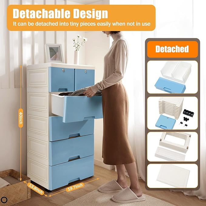 6 Drawer Storage Drawer, Clothes Organizer Tower Cabinet, Plastic Drawers Dresser Storage Cabinet with 4 Wheels for Home Office Bedroom, Blue