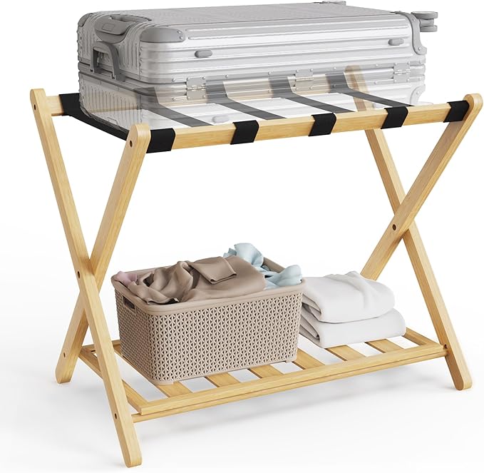Fully Assembled 26.77" Luggage Stand, Bedroom, Hotel - Natural Bamboo Suitcase Stand, Foldable with 2 Layers - Luggage Racks for Suitcases, up to 165 lbs