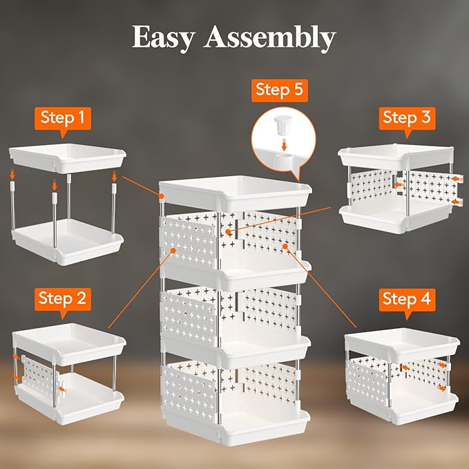 Lifewit Plastic Stackable Storage Baskets, 4 Tier Stacking Bins for Food and Clothes, Multifunctional Organizer for RV, Kitchen, Playroom, Pantry and Bathroom, 13.8"D x 11.8"W x 28.3"H, 1 Pack, White