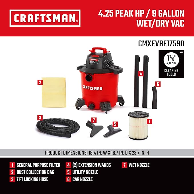 CRAFTSMAN CMXEVBE17590 9 Gallon 4.25 Peak HP Wet Dry Vac, Portable Shop Vacuum Wet and Dry with Filter, Dust Bag, Hose and Attachments for Home, Garage and Automotive Cleaning