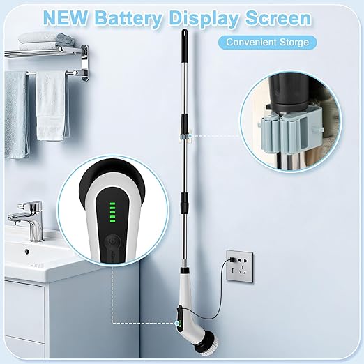 Electric Spin Scrubber, Cordless Cleaning Brush with 8 Replaceable Brush Heads, Shower Scrubber with Adjustable Extension Handle, Waterproof Power Scrubber for Bathroom Tile Floor Tub Car Walls